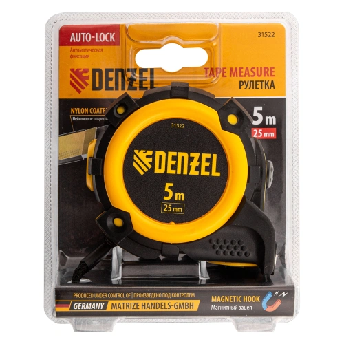Рулетка 5м х 25мм, автоматич. фиксац., нейлон. покрытие, магнит. зацеп, двухстор. разметка Denzel по ценам производителя в Екатеринбурге с доставкой по всей России