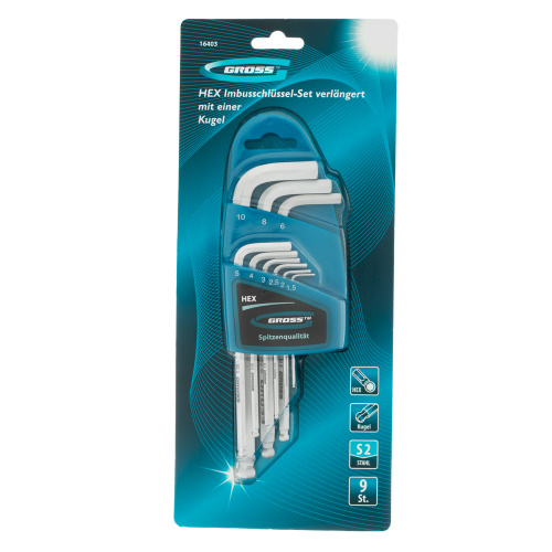 Набор ключей имбусовых HEX, 1.5-10 мм, S2, 9 шт, удлиненные с шаром, сатинированные Gross по ценам производителя в Екатеринбурге с доставкой по всей России