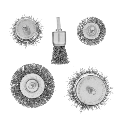 Набор щеток для дрели, 2 Плоские 50-75мм, 3 Чашки 25-50-75мм, шпилька,  нерж.вит. проволока Denzel по ценам производителя в Екатеринбурге с доставкой по всей России