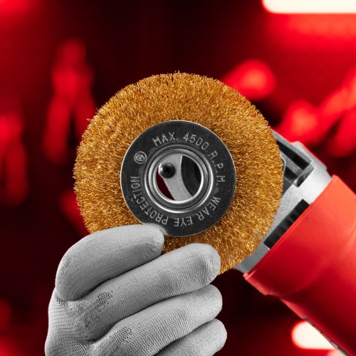 Щетка для УШМ, 100 мм, посадка 22.2 мм, плоская, латунированная витая проволока Matrix по ценам производителя в Екатеринбурге с доставкой по всей России