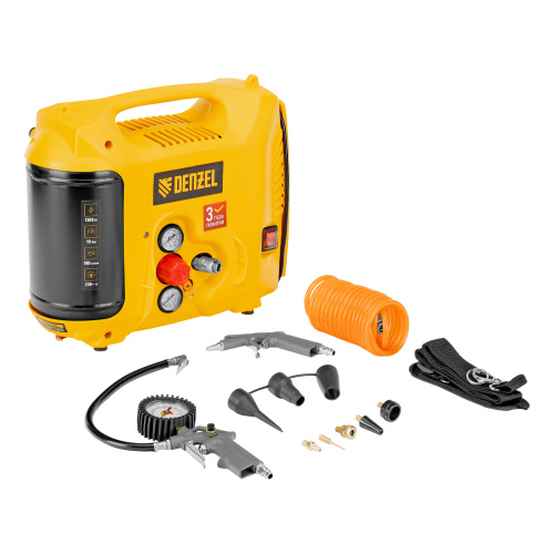 Компрессор воздушный DL1300, 10 бар, 1,3 кВт 180 л/мин 5 л, с набором аксессуаров Denzel по ценам производителя в Екатеринбурге с доставкой по всей России