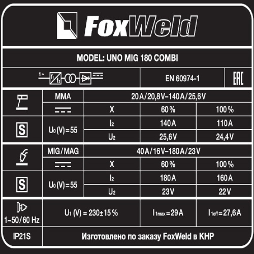 Сварочный полуавтомат UNO MIG 180 COMBI купить в Москве с доставкой по всей России | ProtosMarket.ru