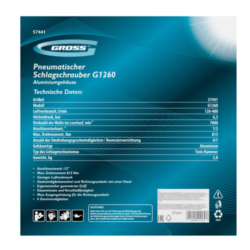 Гайковерт пневматический ударный G1260,1/2, Twin Hammer, 813Нм, 7000 об/мин Gross по ценам производителя в Екатеринбурге с доставкой по всей России