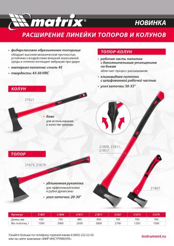 Топор-колун с клиновидным полотном 3000 г, фибергласовое обрезиненное топорище 900 мм Matrix по ценам производителя в Екатеринбурге с доставкой по всей России
