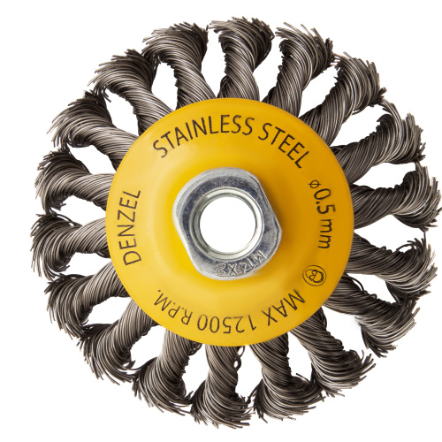 Щетка для УШМ, 100 мм, "Тарелка", крученая нержавеющая проволока 0.5 мм, М14 Denzel по ценам производителя в Екатеринбурге с доставкой по всей России