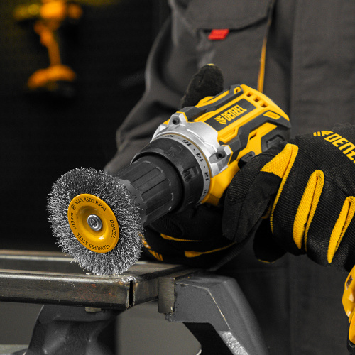 Щетка для дрели, 75 мм, Плоская, со шпилькой, нержавеющая витая проволока Denzel по ценам производителя в Екатеринбурге с доставкой по всей России