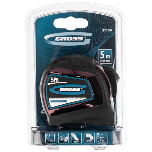Рулетка "Doppelhaken",5 м x 25 мм,двухсторонний зацеп,Нейлон,двусторонняя шкала,автоматическая фиксация Gross по ценам производителя в Екатеринбурге с доставкой по всей России