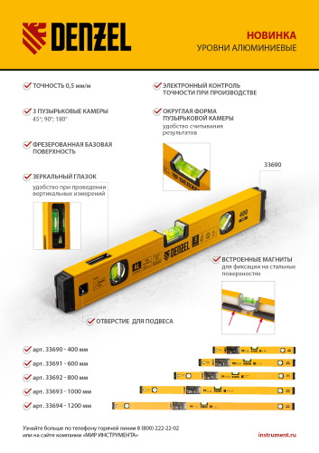 Уровень алюминиевый, магнит, фрезерованный, 3 глазка (1 зеркал.) 0,5 мм/м, 1200 мм Denzel по ценам производителя в Екатеринбурге с доставкой по всей России