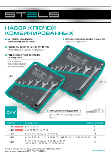 Набор ключей комбинированных 6-19 мм, 8 шт., CrV, матовый хром Stels по ценам производителя в Екатеринбурге с доставкой по всей России