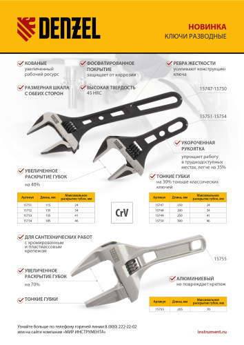 Ключ разводной, 250 мм, CrV, кованый Denzel по ценам производителя в Екатеринбурге с доставкой по всей России