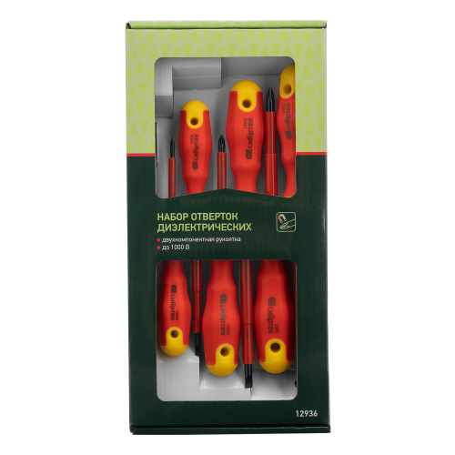 Набор отверток диэлектрических до 1000 В, 7 шт, тестер, CrV, двухкомпонентные рукоятки Сибртех по ценам производителя в Екатеринбурге с доставкой по всей России
