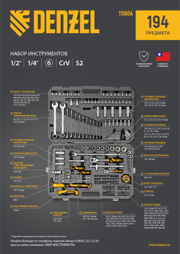 Набор инструментов, 1/2", 1/4", CrV, S2, пластиковый кейс, 194 предмета Denzel по ценам производителя в Екатеринбурге с доставкой по всей России