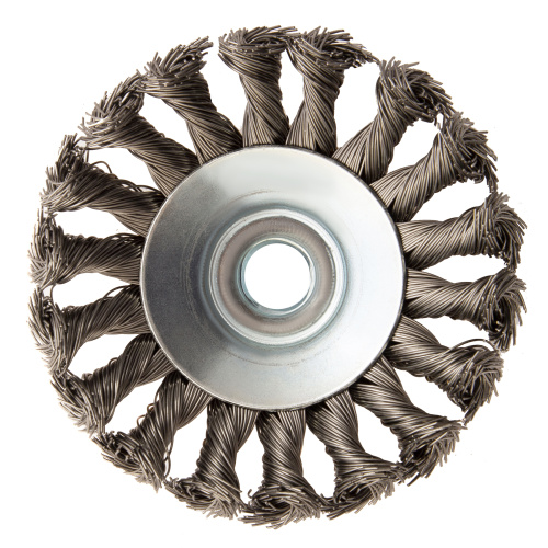 Щетка для УШМ, 100 мм, "Тарелка", крученая нержавеющая проволока 0.5 мм, М14 Denzel по ценам производителя в Екатеринбурге с доставкой по всей России