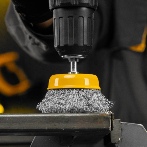 Щетка для дрели, 75 мм, Чашка, со шпилькой, нержавеющая витая проволока Denzel по ценам производителя в Екатеринбурге с доставкой по всей России