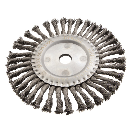 Щетка для УШМ, 200 мм, "Плоская", крученая нержавеющая проволока 0.5 мм, посадка 22.2 мм Denzel по ценам производителя в Екатеринбурге с доставкой по всей России