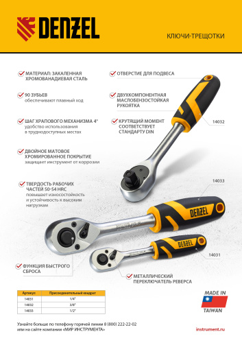 Ключ-трещотка 1/4", 90 зубьев, с быстрым сбросом, CrV Denzel по ценам производителя в Екатеринбурге с доставкой по всей России