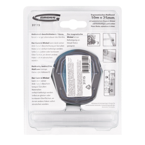 Рулетка "Schlagfest",10 м x 25 мм,магнитный обрезиненный зацеп,двусторонняя шкала,автоматическая фиксация Gross по ценам производителя в Екатеринбурге с доставкой по всей России