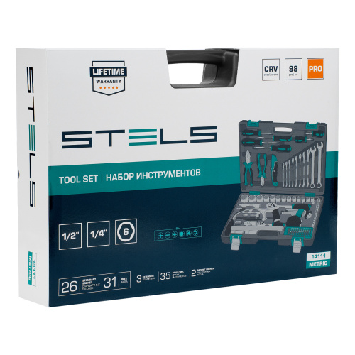 Набор инструментов, 1/2", 1/4", CrV, пластиковый кейс 98 предметов Stels по ценам производителя в Екатеринбурге с доставкой по всей России