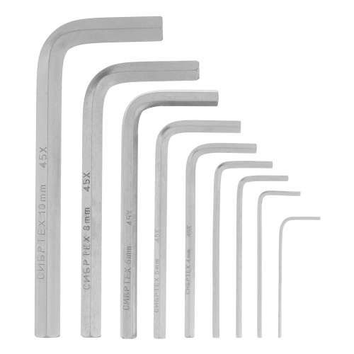 Набор ключей имбусовых HEX, 1.5-10 мм, 45x, закаленные, 9 шт, короткие, никель Сибртех по ценам производителя в Екатеринбурге с доставкой по всей России