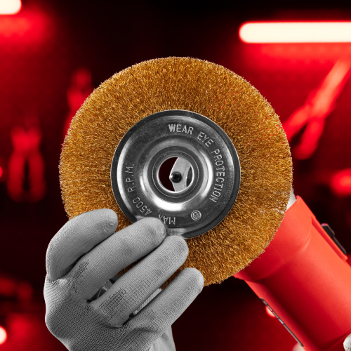 Щетка для УШМ, 150 мм, посадка 22.2 мм, плоская, латунированная витая проволока Matrix по ценам производителя в Екатеринбурге с доставкой по всей России