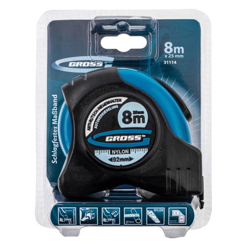 Рулетка "Schlagfest",8 м x 25 мм,магнитный обрезиненный зацеп,двусторонняя шкала,Нейлоновое покрытие,автоматическая фиксация Gross по ценам производителя в Екатеринбурге с доставкой по всей России