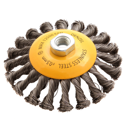 Щетка для УШМ, 125 мм, "Тарелка", крученая нержавеющая проволока 0.5 мм, М14 Denzel по ценам производителя в Екатеринбурге с доставкой по всей России