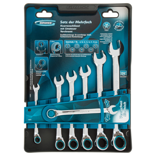 Набор ключей комбинированных с трещоткой, 8-19 мм, 7 шт, реверсивные, CrV Gross по ценам производителя в Екатеринбурге с доставкой по всей России